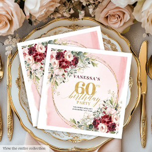 Stylish Boho Deep Red Floral 60th Birthday Napkins