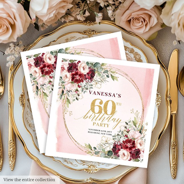 Stylish Boho Deep Red Floral 60th Birthday Napkins (Stylish Boho Deep Red Floral 60th Birthday Napkins)