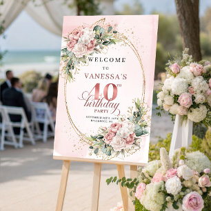 Stylish Boho Dusty Pink Floral 40th Birthday Welco Poster