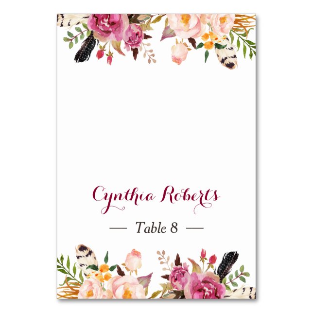 Stylish Boho Floral Feather Wedding Place Card (Front)