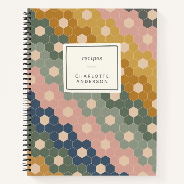 Stylish Boho Geometric Pattern Blue Green Recipe Notebook (Front)