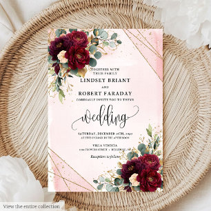 Stylish Boho Marsala Gold Blush Flowers Wedding  Invitation