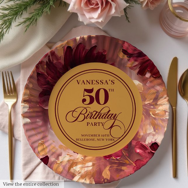 Stylish Boho Merlot Blush Gold 50th Birthday  Paper Plate (Stylish Boho Merlot Blush Gold 50th Birthday Paper Plates)