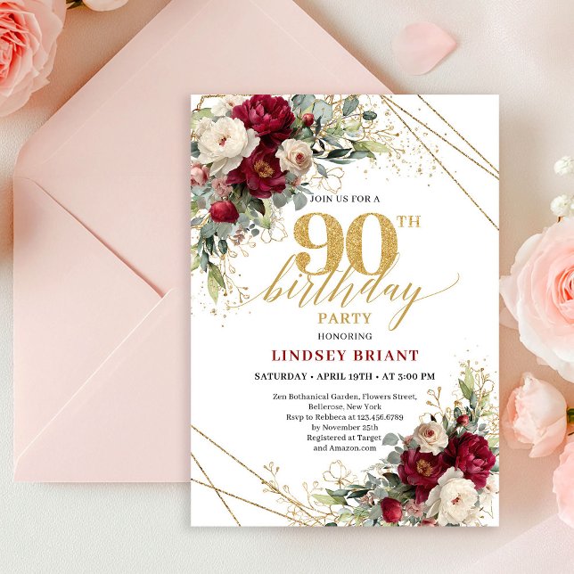 Stylish Boho Merlot White Gold Roses 90th Birthday Invitation (Classic Burgundy White Gold Roses 90th Birthday Card

)