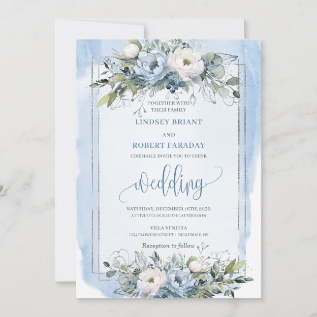 Stylish Boho Pastel Blue Silver Peonies Wedding  Invitation (Front)