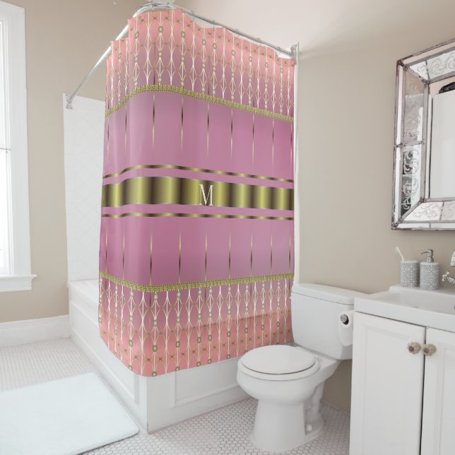Stylish Boho Pink And Gold Geometric Shower Curtain (In Situ)
