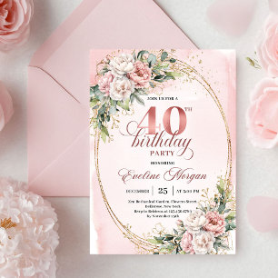 Stylish Boho Powder Pink Flowers 40th Birthday  Invitation