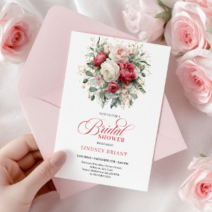 Stylish Boho Red White Gold Floral Bridal Shower Invitation