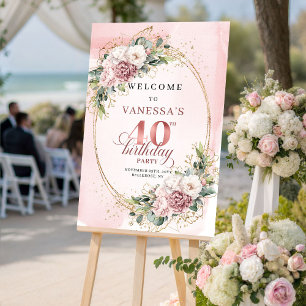 Stylish Boho Rose Gold Floral 40 Birthday Welcome Poster