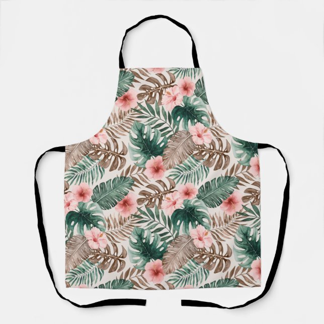 Stylish Boho Watercolor Tropical Floral Apron (Front)