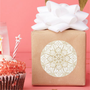 Stylish Boho White Gold Mandala Floral Classic Round Sticker