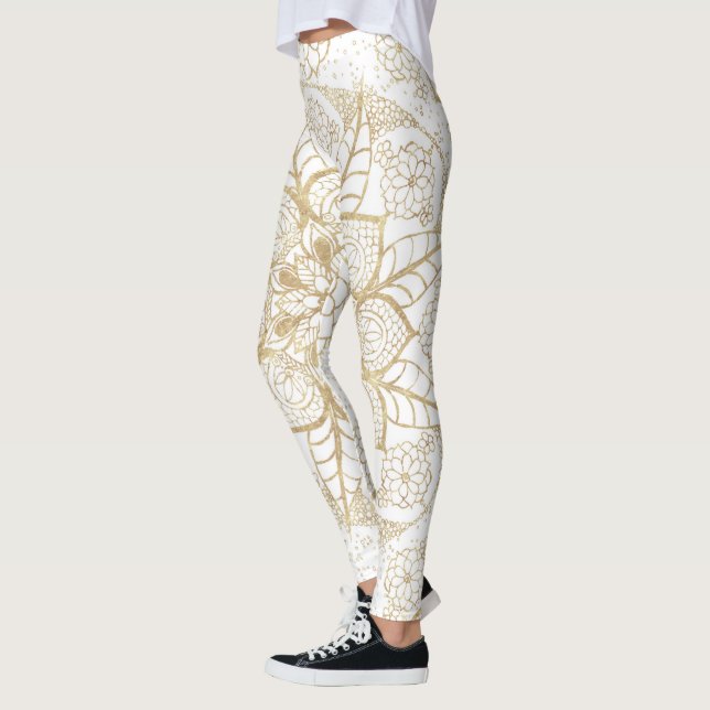 Stylish Boho White Gold Mandala Floral Leggings (Left)