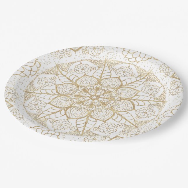 Stylish Boho White Gold Mandala Floral Paper Plate (Angled)