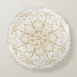 Stylish Boho White Gold Mandala Floral Round Cushion<br><div class="desc">This elegant,  stylish bohemian hand-drawn mandala,  luxe,  trendy tribal flower,  faux yellow gold,  and white background is composed of dots,  stripes,  triangles,  mermaid scale lines,  feathers,  geometric shapes,  misplaced bubbles,  doodles circles. A Beautiful mandala flower,  mystical,  dreamy,  henna image perfect for everyday wear or home decor.</div>