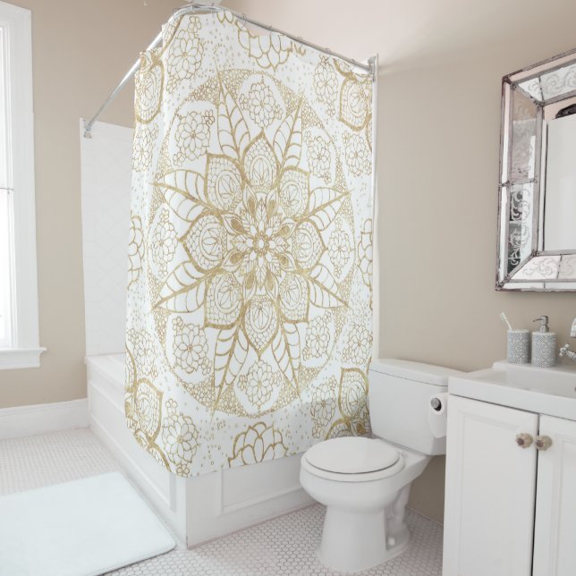 Stylish Boho White Gold Mandala Floral Shower Curtain (In Situ)