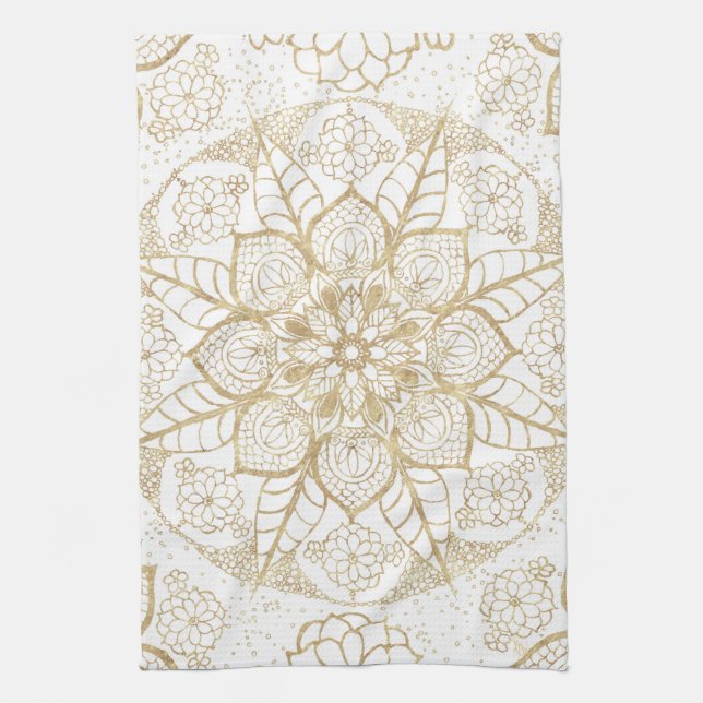 Stylish Boho White Gold Mandala Floral Tea Towel (Vertical)