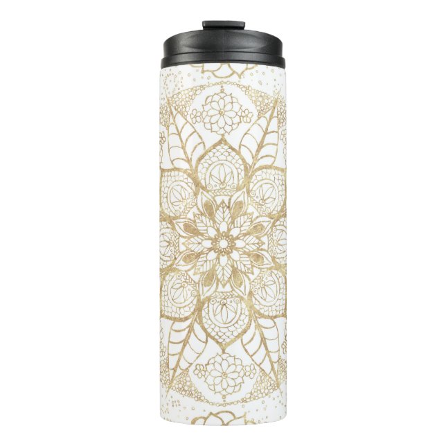Stylish Boho White Gold Mandala Floral Thermal Tumbler (Front)