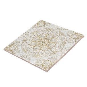 Stylish Boho White Gold Mandala Floral Tile