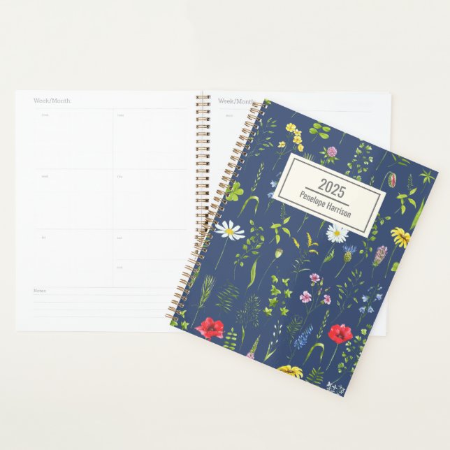 Stylish Boho Wildflowers Floral Blue Personalised Planner (Display)