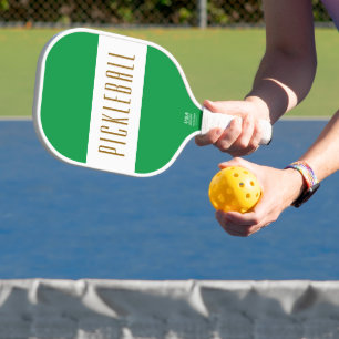 Stylish Bold Green White PICKLEBALL Stripes Text Paddle
