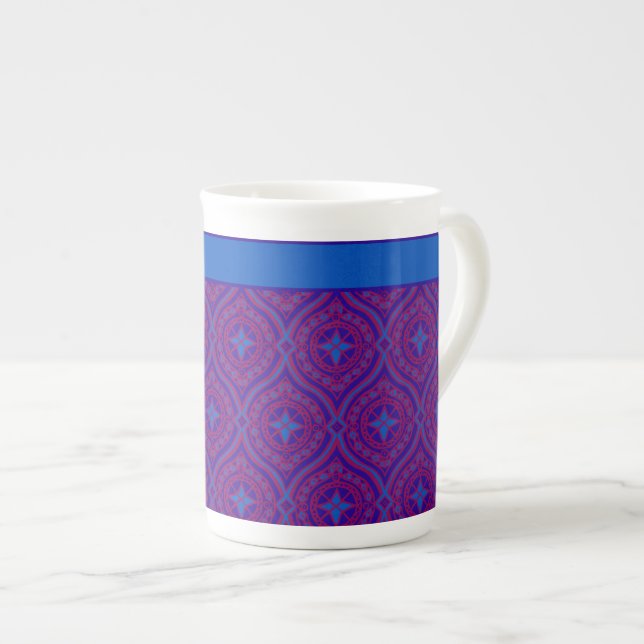 Stylish Bone China Mug, Purple, Blue Ogee Pattern Mug (Front Right)