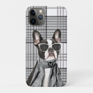 Stylish Boston Terrier Dog and Plaid Monogram iPhone 11 Pro Case