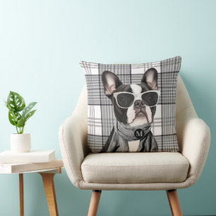 Stylish Boston Terrier Dog and Plaid Monogram Cushion