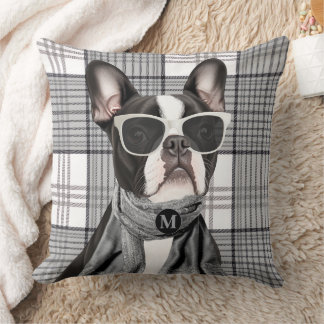 Stylish Boston Terrier Dog and Plaid Monogram Cushion