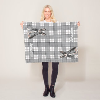 Stylish Boston Terrier Dog and Plaid Monogram Fleece Blanket