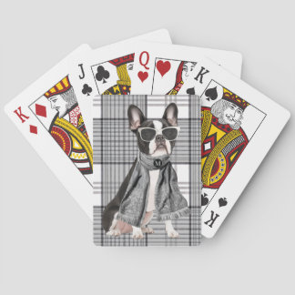 Stylish Boston Terrier Dog and Plaid Monogram Playing Cards