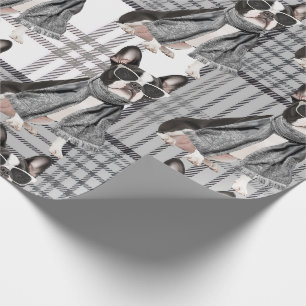 Stylish Boston Terrier Dog and Plaid Monogram Wrapping Paper