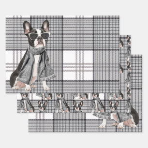 Stylish Boston Terrier Dog and Plaid Monogram Wrapping Paper Sheet
