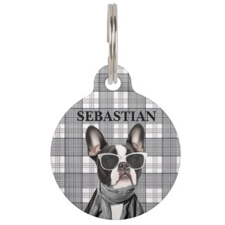 Stylish Boston Terrier Dog and Plaid Pet Tag