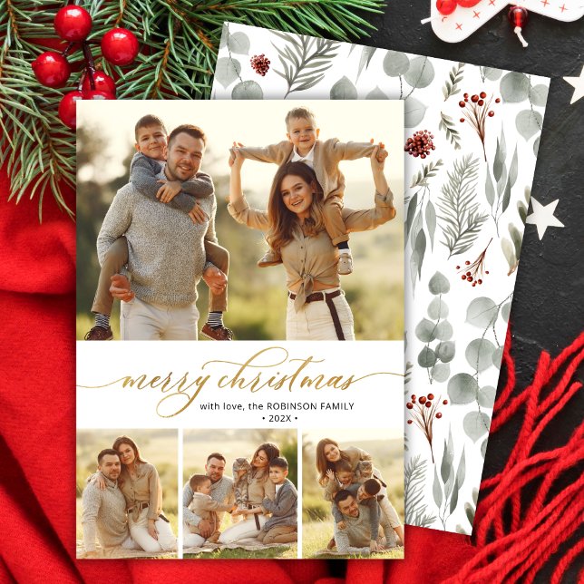 Stylish Botanical 4 Photo Collage Christmas  Holiday Card (Creator Uploaded)