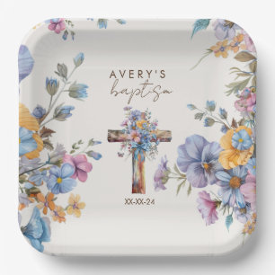 Stylish Botanical Baptism cross elegant  Paper Plate