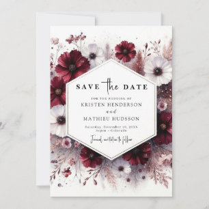 Stylish Botanical Burgundy Wedding  Save The Date