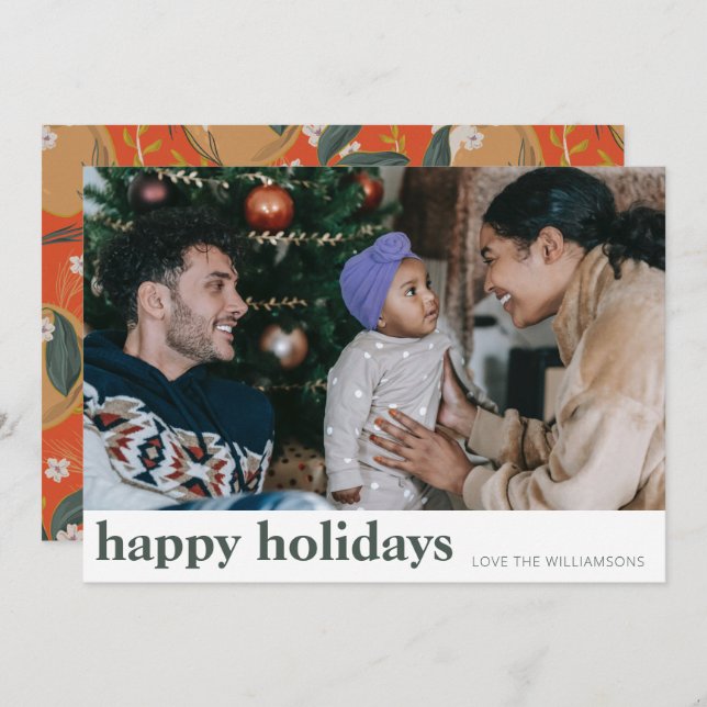 Stylish Botanical Fruit Red Green Wide Photo Holiday Card (Front/Back)