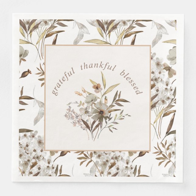 Stylish Botanical ‘Grateful Thankful Blessed'  Napkin (Front)