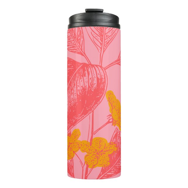 Stylish Botanical Leaf Nature Art in Pink and Red Thermal Tumbler (Front)