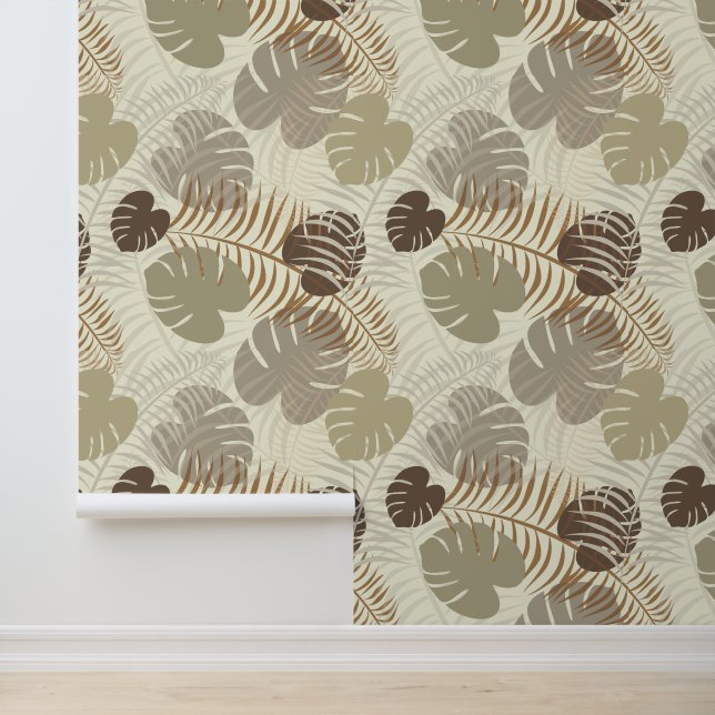 Stylish Botanical Leaf Patterned Brown, Beige Wallpaper (Application)