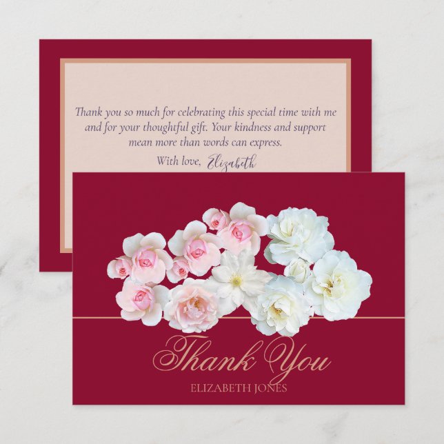 Stylish Botanical Pink White Rose Floral Thank You Card (Front/Back)