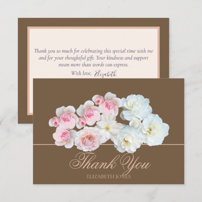 Stylish Botanical Pink White Rose Floral Thank You Card (Front/Back)