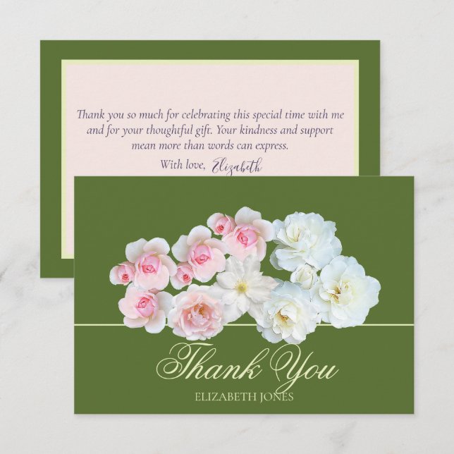 Stylish Botanical Pink White Rose Floral Thank You Card (Front/Back)