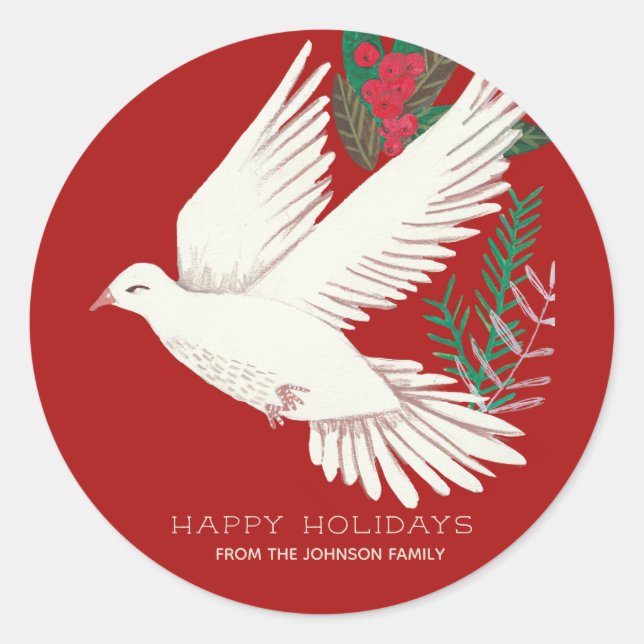 Stylish Botanical Red Dove Christmas Classic Round Sticker (Front)