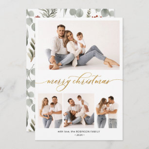Stylish Botanical Script 4 Multi Photo Christmas  Holiday Card