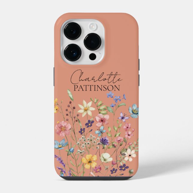 Stylish Botanical Wildflower  Monogram Peach iPhone Case (Back)