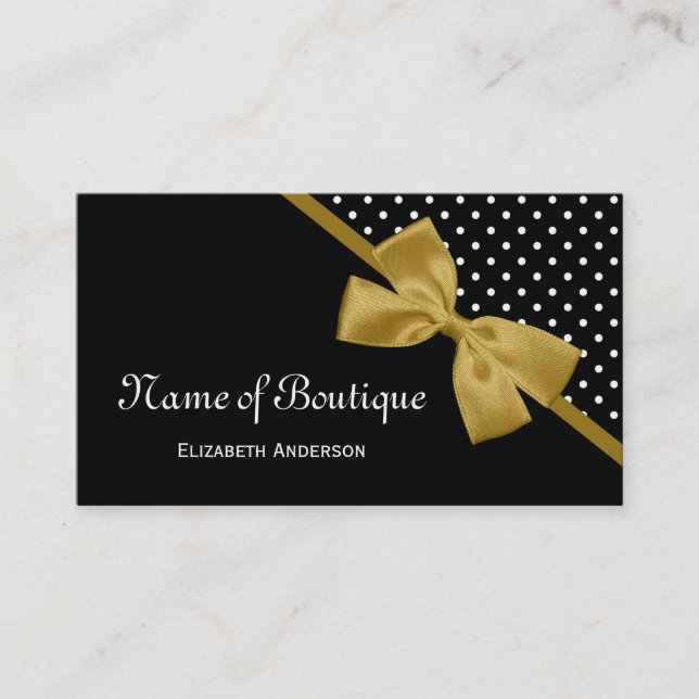 Stylish Boutique Polka Dots Elegant Gold Ribbon Business Card (Front)