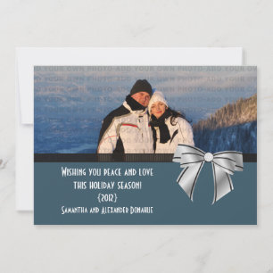 Stylish Bow Holiday Photo Flat Card, Dark Blue Card
