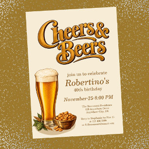 Stylish Brass Vintage Cheers & Beers 40th Birthday Invitation