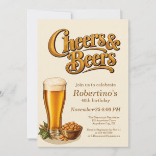 Stylish Brass Vintage Cheers & Beers 40th Birthday Invitation